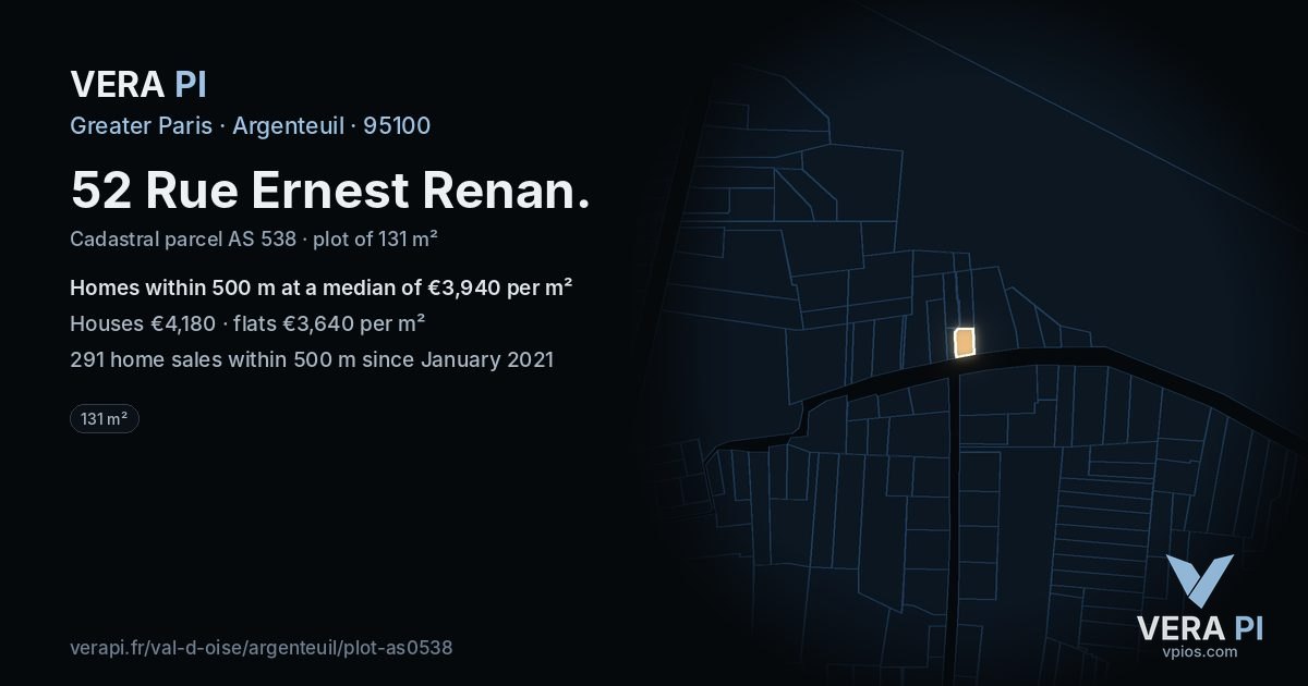 52 Rue Ernest Renan, Argenteuil at night – the plot lit, the parcels around coloured by the prices near them