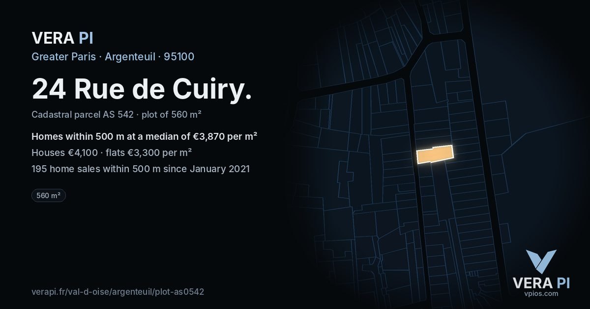24 Rue de Cuiry, Argenteuil at night – the plot lit, the parcels around coloured by the prices near them