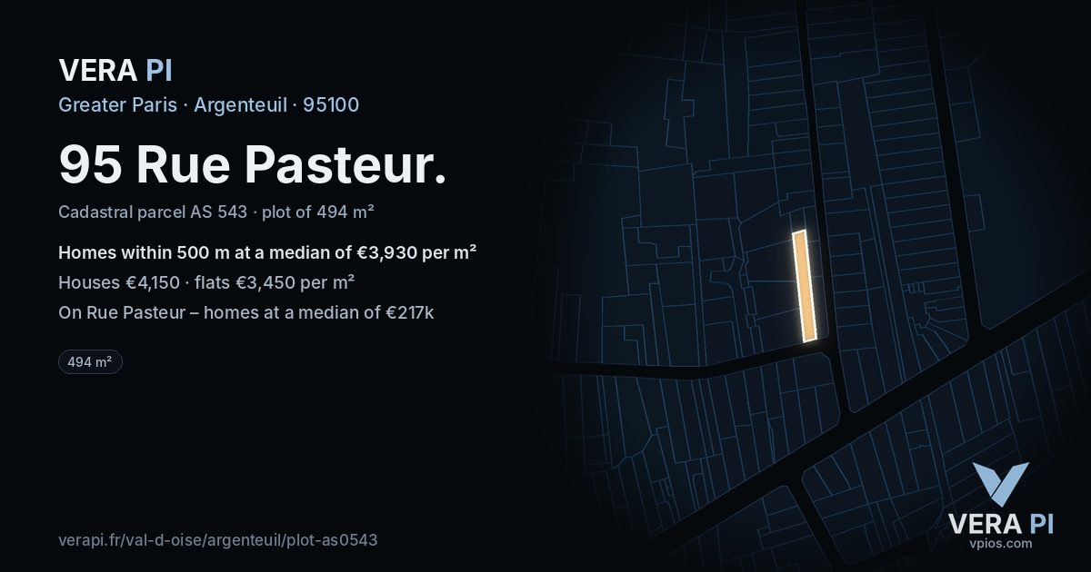 95 Rue Pasteur, Argenteuil at night – the plot lit, the parcels around coloured by the prices near them