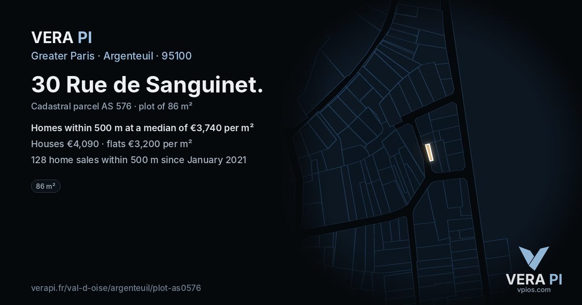 30 Rue de Sanguinet, Argenteuil at night – the plot lit, the parcels around coloured by the prices near them