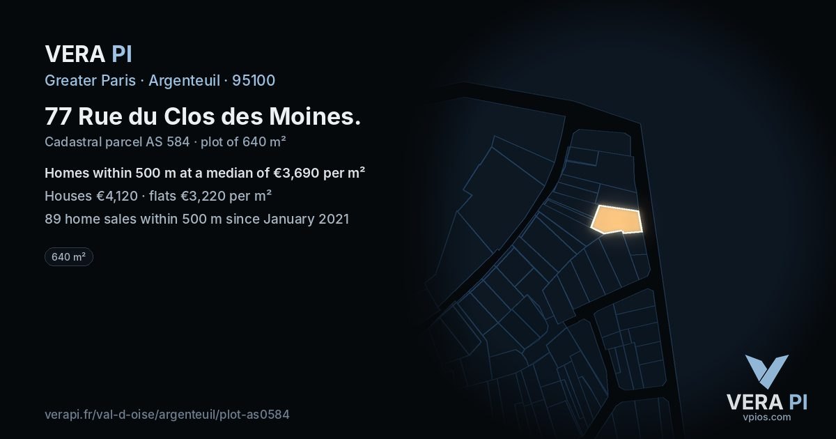 77 Rue du Clos des Moines, Argenteuil at night – the plot lit, the parcels around coloured by the prices near them