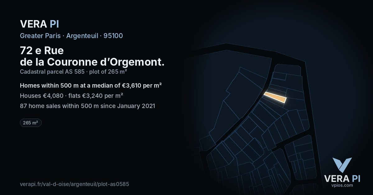 72 e Rue de la Couronne d’Orgemont, Argenteuil at night – the plot lit, the parcels around coloured by the prices near them