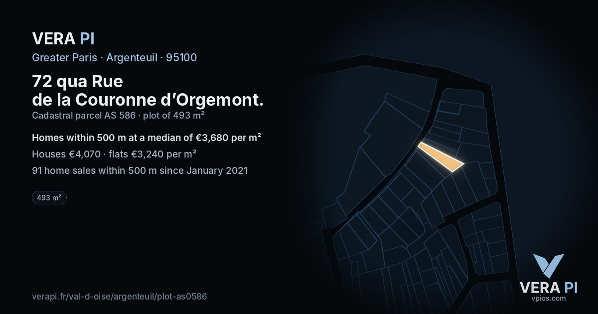 72 qua Rue de la Couronne d’Orgemont, Argenteuil at night – the plot lit, the parcels around coloured by the prices near them