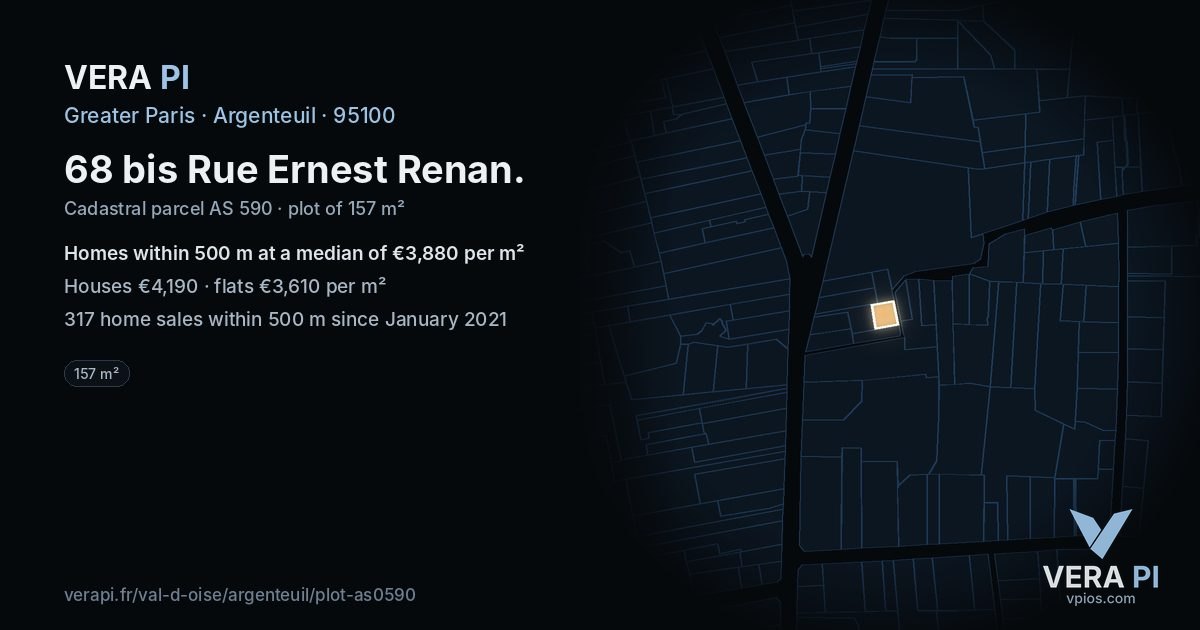 68 bis Rue Ernest Renan, Argenteuil at night – the plot lit, the parcels around coloured by the prices near them
