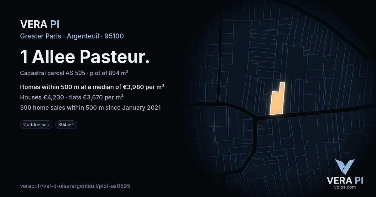 1 Allee Pasteur, Argenteuil at night – the plot lit, the parcels around coloured by the prices near them