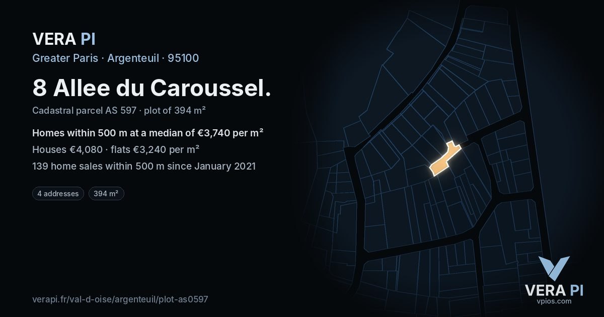 8 Allee du Caroussel, Argenteuil at night – the plot lit, the parcels around coloured by the prices near them