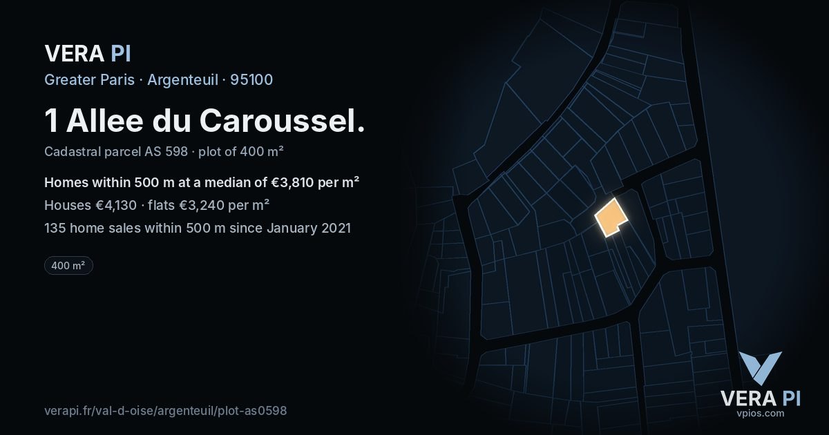 1 Allee du Caroussel, Argenteuil at night – the plot lit, the parcels around coloured by the prices near them