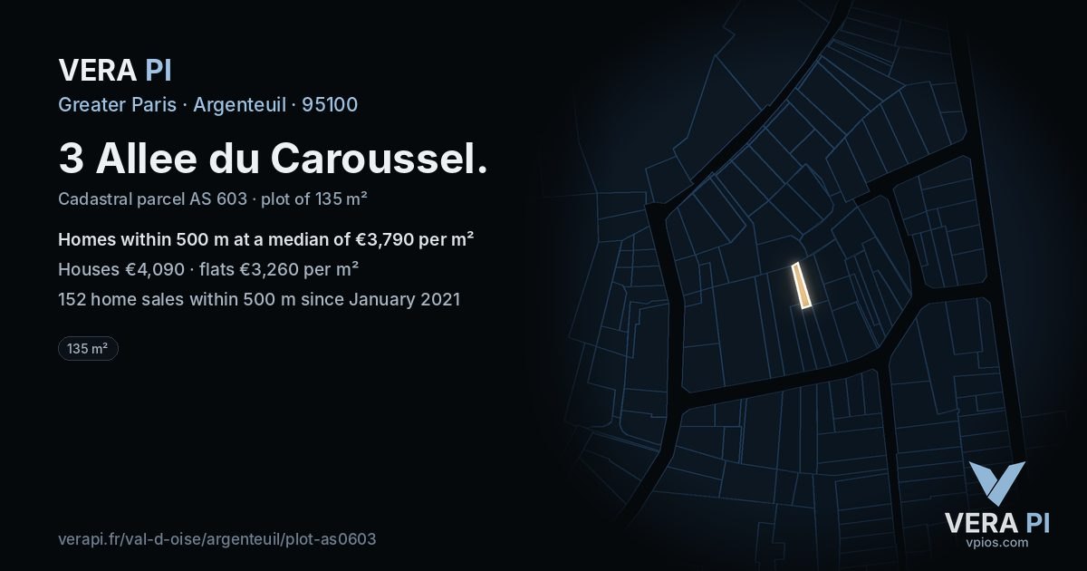 3 Allee du Caroussel, Argenteuil at night – the plot lit, the parcels around coloured by the prices near them