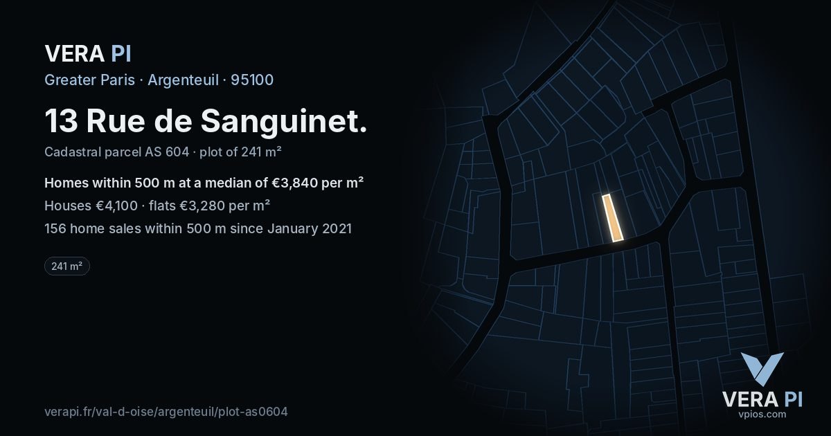 13 Rue de Sanguinet, Argenteuil at night – the plot lit, the parcels around coloured by the prices near them