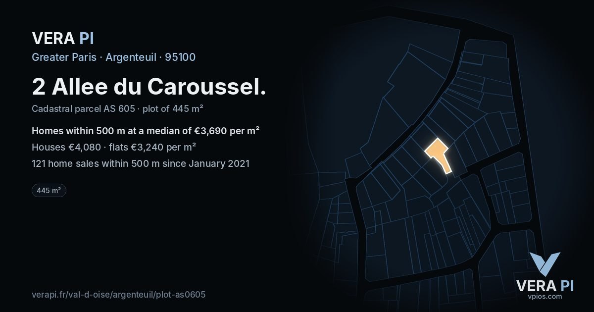 2 Allee du Caroussel, Argenteuil at night – the plot lit, the parcels around coloured by the prices near them