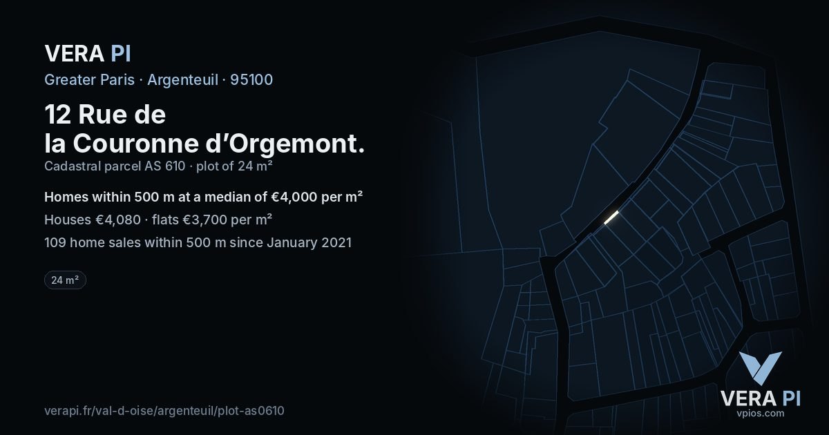 12 Rue de la Couronne d’Orgemont, Argenteuil at night – the plot lit, the parcels around coloured by the prices near them