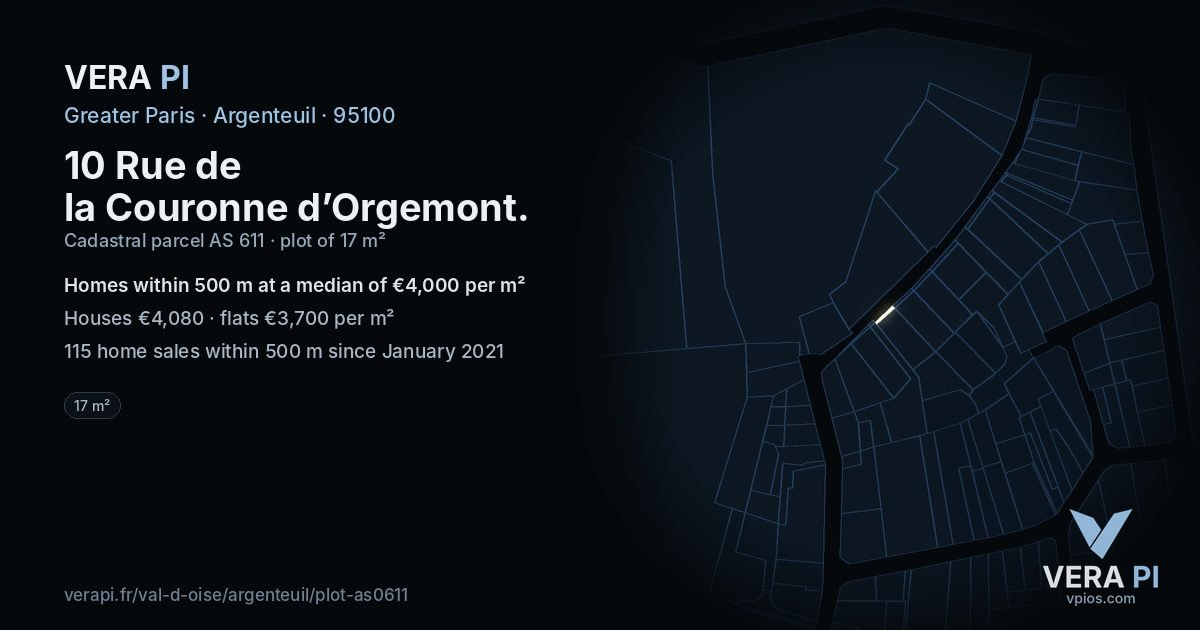 10 Rue de la Couronne d’Orgemont, Argenteuil at night – the plot lit, the parcels around coloured by the prices near them