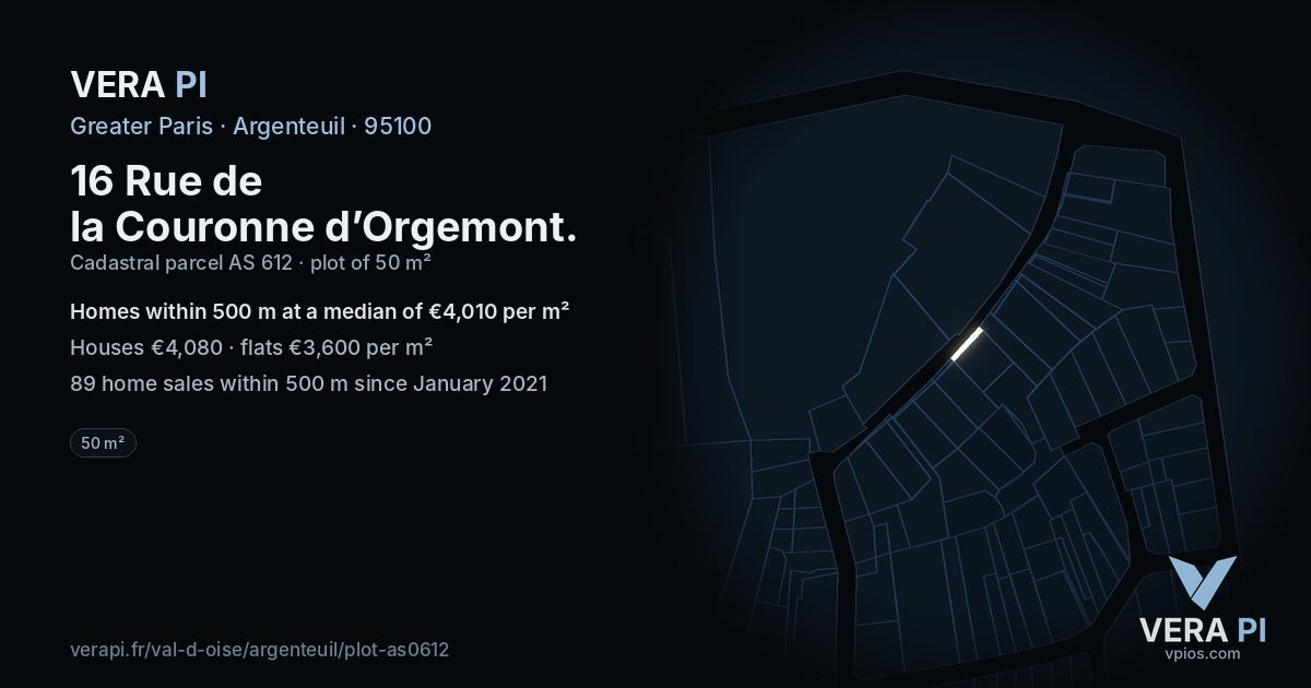 16 Rue de la Couronne d’Orgemont, Argenteuil at night – the plot lit, the parcels around coloured by the prices near them