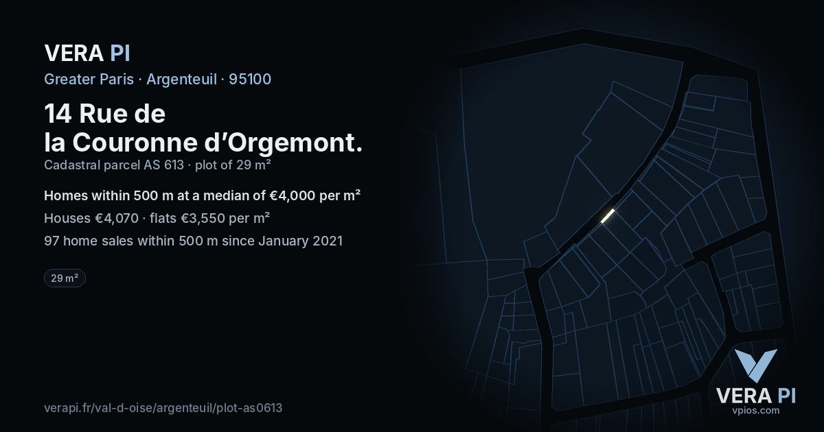 14 Rue de la Couronne d’Orgemont, Argenteuil at night – the plot lit, the parcels around coloured by the prices near them