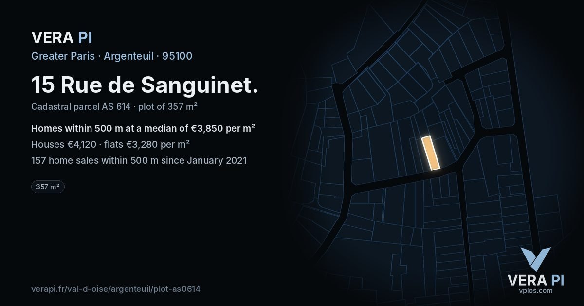 15 Rue de Sanguinet, Argenteuil at night – the plot lit, the parcels around coloured by the prices near them