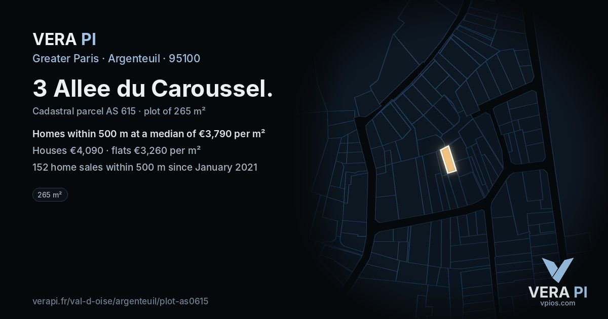 3 Allee du Caroussel, Argenteuil at night – the plot lit, the parcels around coloured by the prices near them