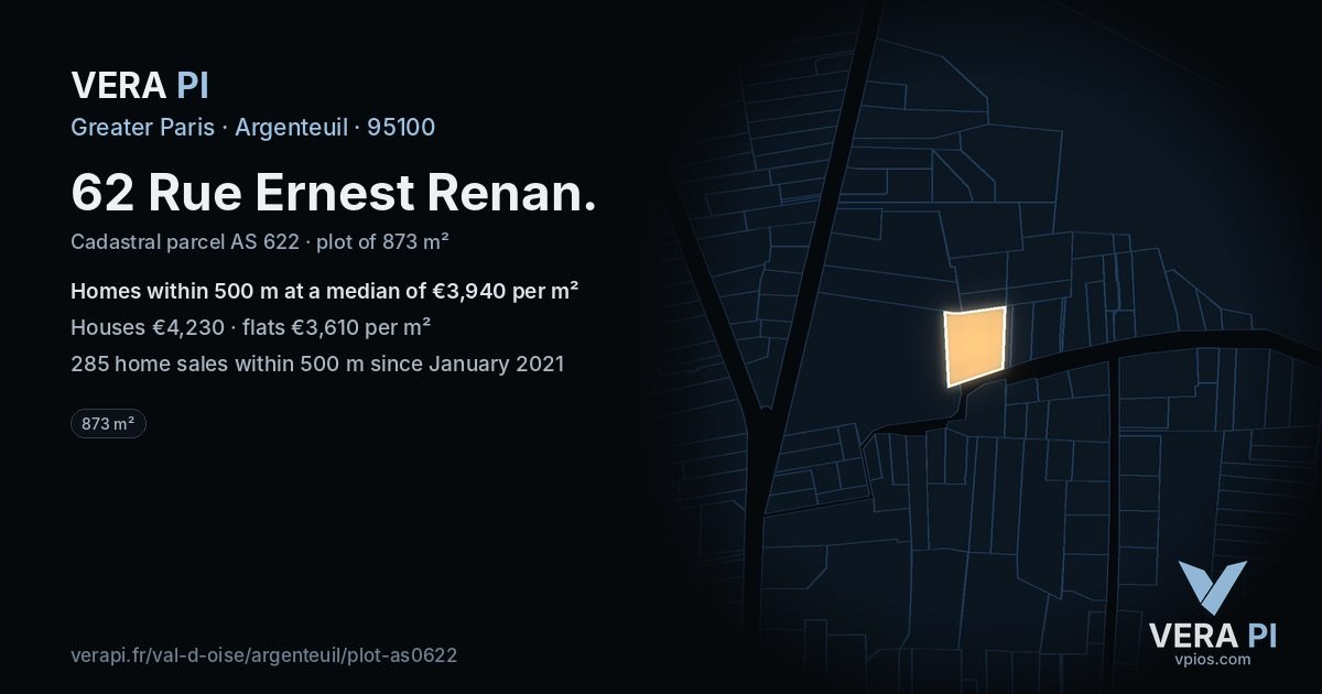 62 Rue Ernest Renan, Argenteuil at night – the plot lit, the parcels around coloured by the prices near them