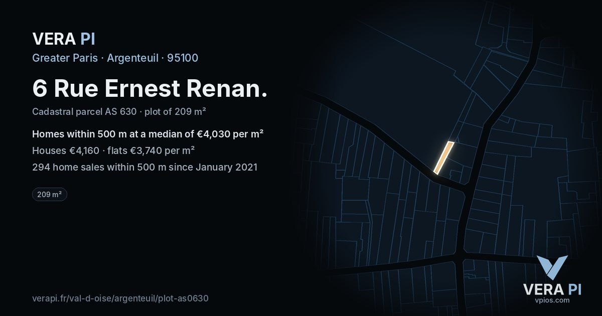 6 Rue Ernest Renan, Argenteuil at night – the plot lit, the parcels around coloured by the prices near them