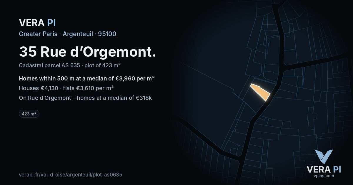35 Rue d’Orgemont, Argenteuil at night – the plot lit, the parcels around coloured by the prices near them