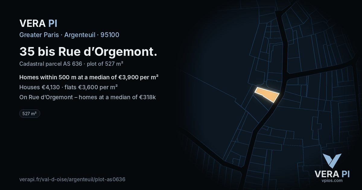 35 bis Rue d’Orgemont, Argenteuil at night – the plot lit, the parcels around coloured by the prices near them
