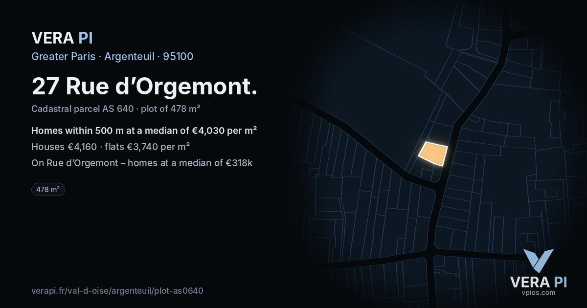 27 Rue d’Orgemont, Argenteuil at night – the plot lit, the parcels around coloured by the prices near them