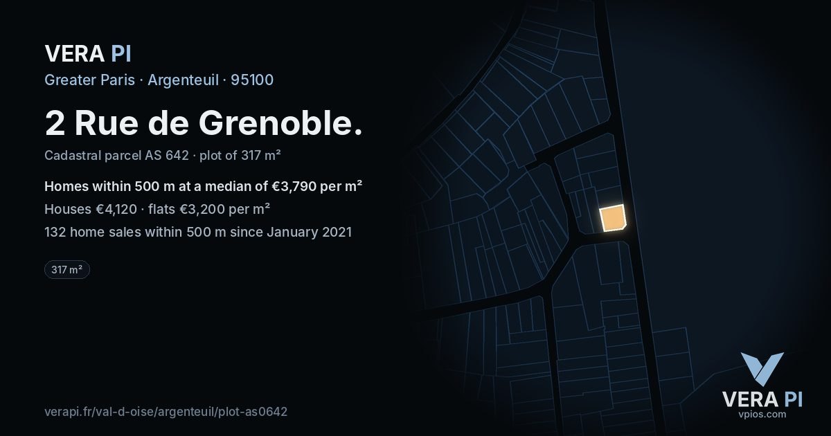 2 Rue de Grenoble, Argenteuil at night – the plot lit, the parcels around coloured by the prices near them
