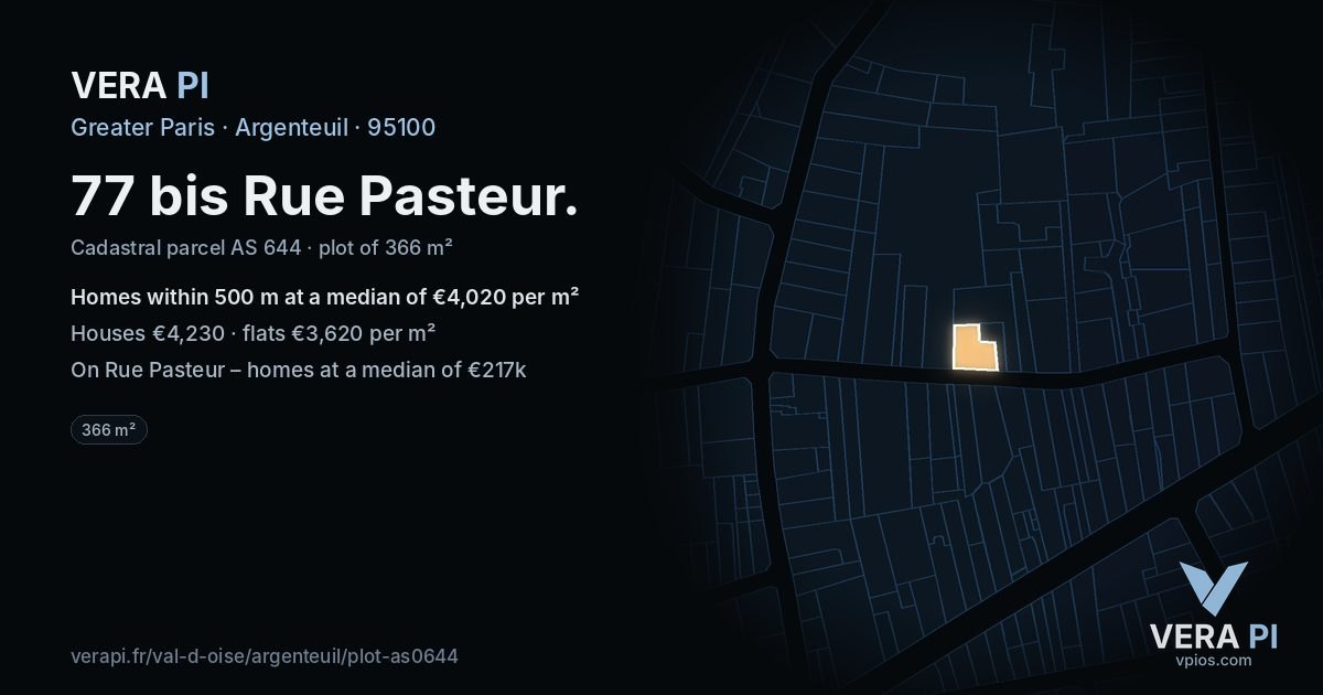 77 bis Rue Pasteur, Argenteuil at night – the plot lit, the parcels around coloured by the prices near them