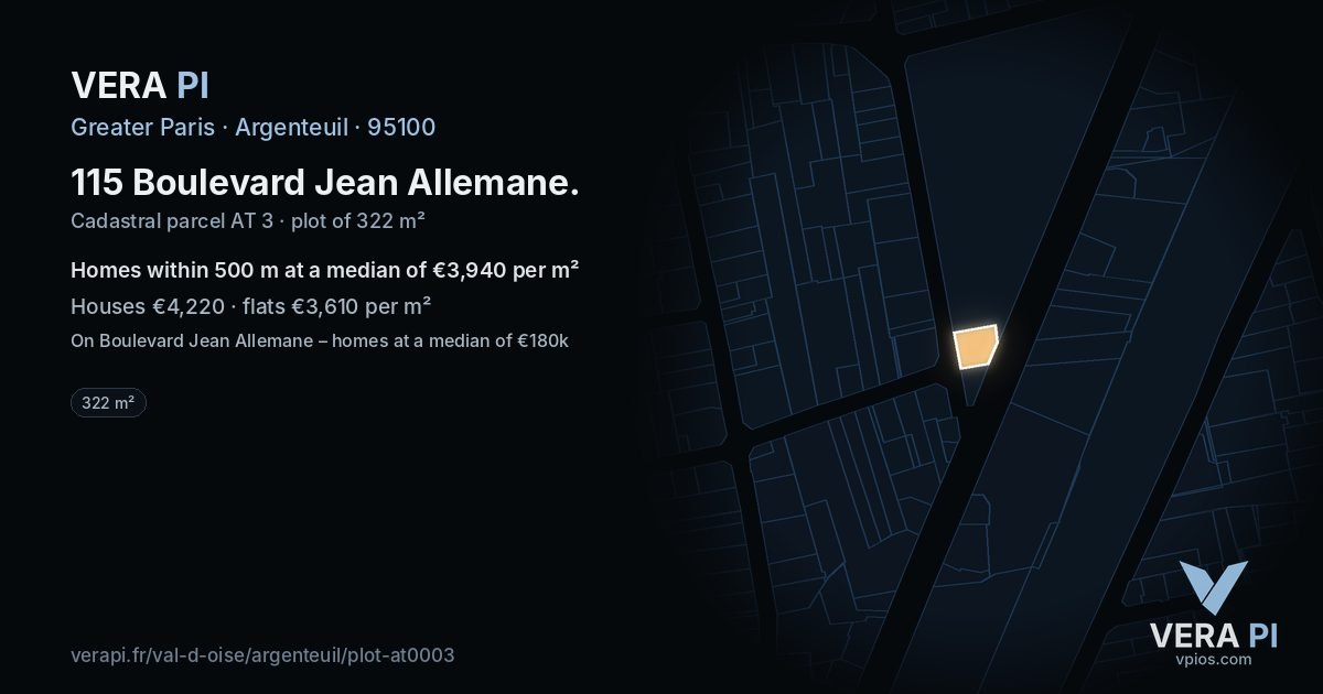 115 Boulevard Jean Allemane, Argenteuil at night – the plot lit, the parcels around coloured by the prices near them
