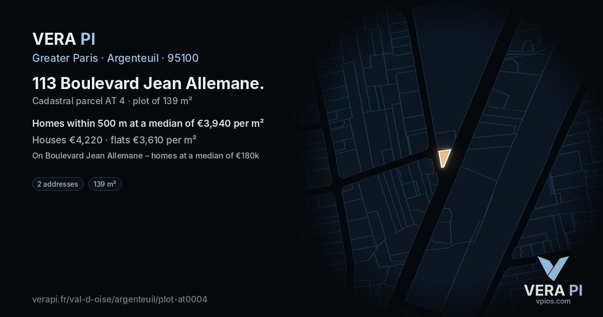 113 Boulevard Jean Allemane, Argenteuil at night – the plot lit, the parcels around coloured by the prices near them
