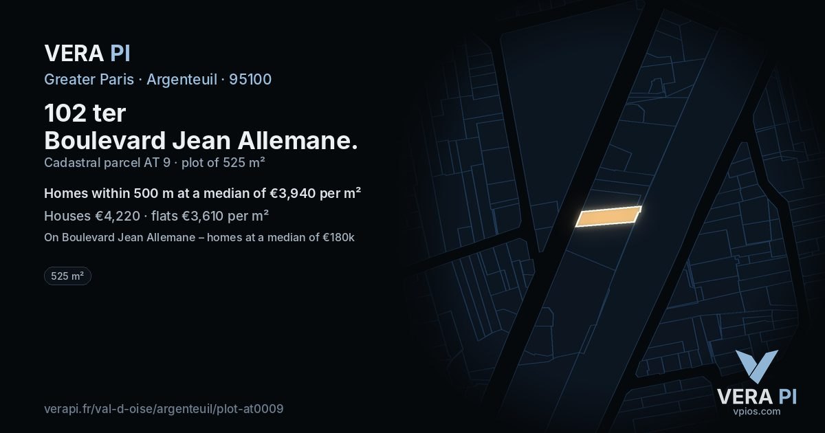 102 ter Boulevard Jean Allemane, Argenteuil at night – the plot lit, the parcels around coloured by the prices near them