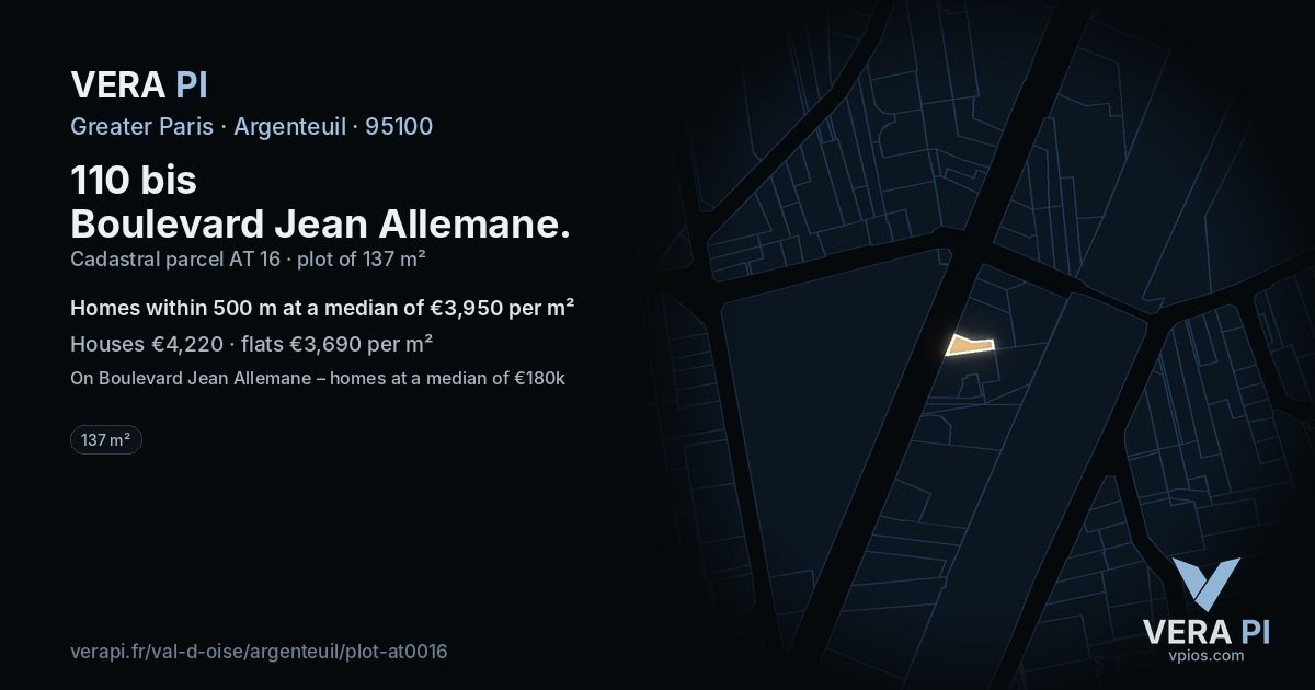 110 bis Boulevard Jean Allemane, Argenteuil at night – the plot lit, the parcels around coloured by the prices near them