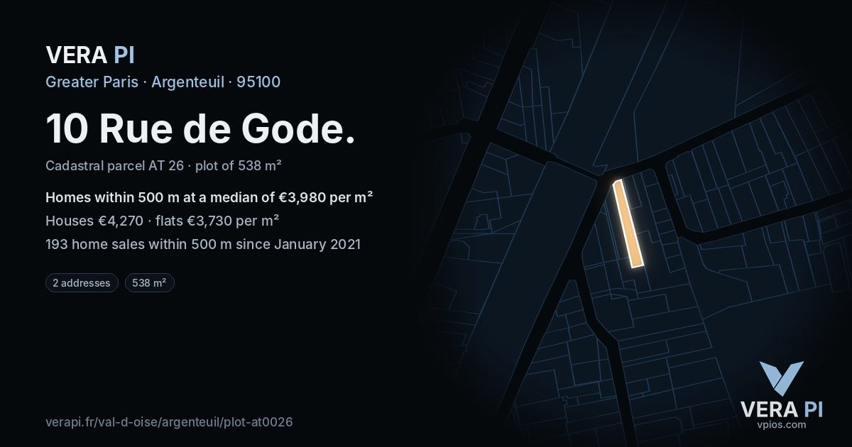 10 Rue de Gode, Argenteuil at night – the plot lit, the parcels around coloured by the prices near them