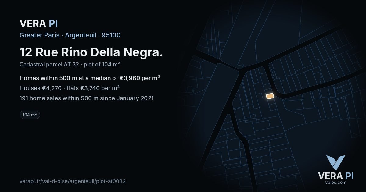 12 Rue Rino Della Negra, Argenteuil at night – the plot lit, the parcels around coloured by the prices near them