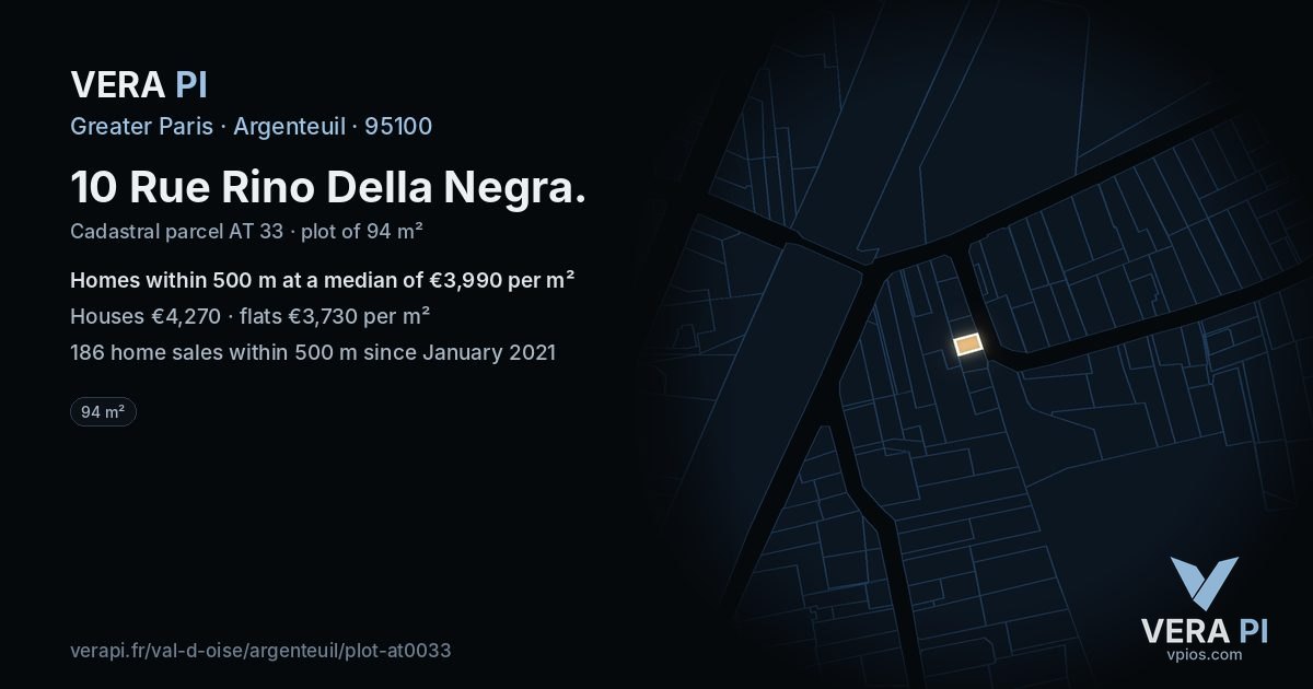 10 Rue Rino Della Negra, Argenteuil at night – the plot lit, the parcels around coloured by the prices near them