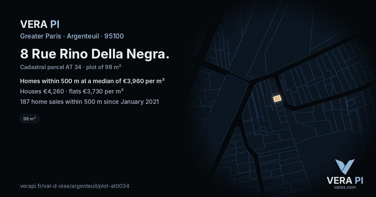8 Rue Rino Della Negra, Argenteuil at night – the plot lit, the parcels around coloured by the prices near them