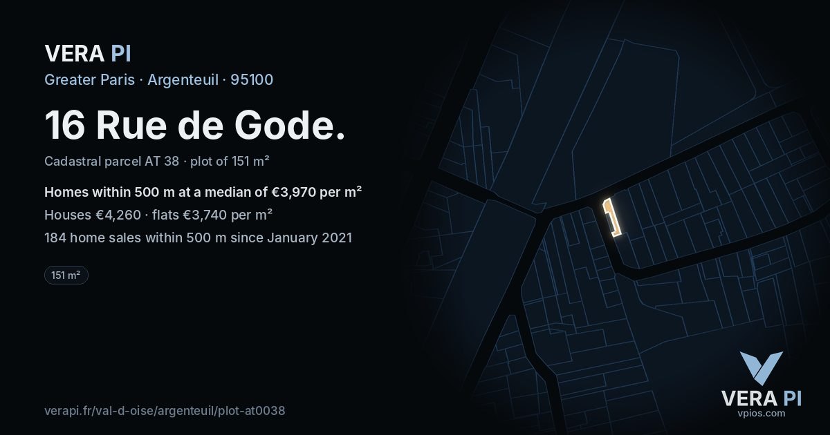 16 Rue de Gode, Argenteuil at night – the plot lit, the parcels around coloured by the prices near them
