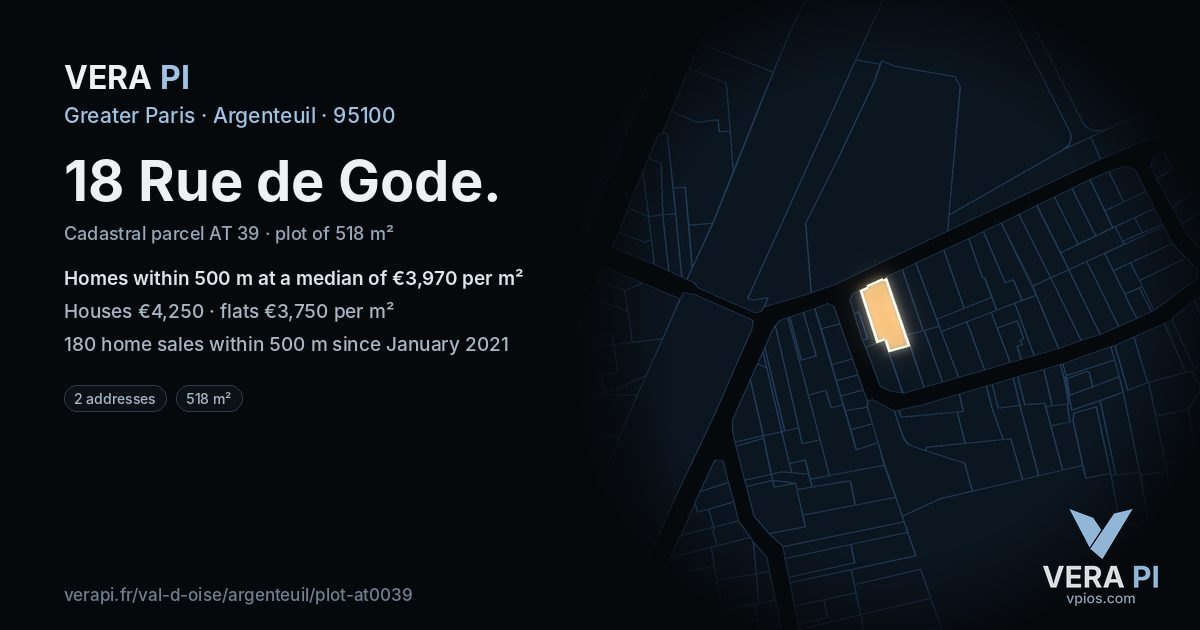 18 Rue de Gode, Argenteuil at night – the plot lit, the parcels around coloured by the prices near them