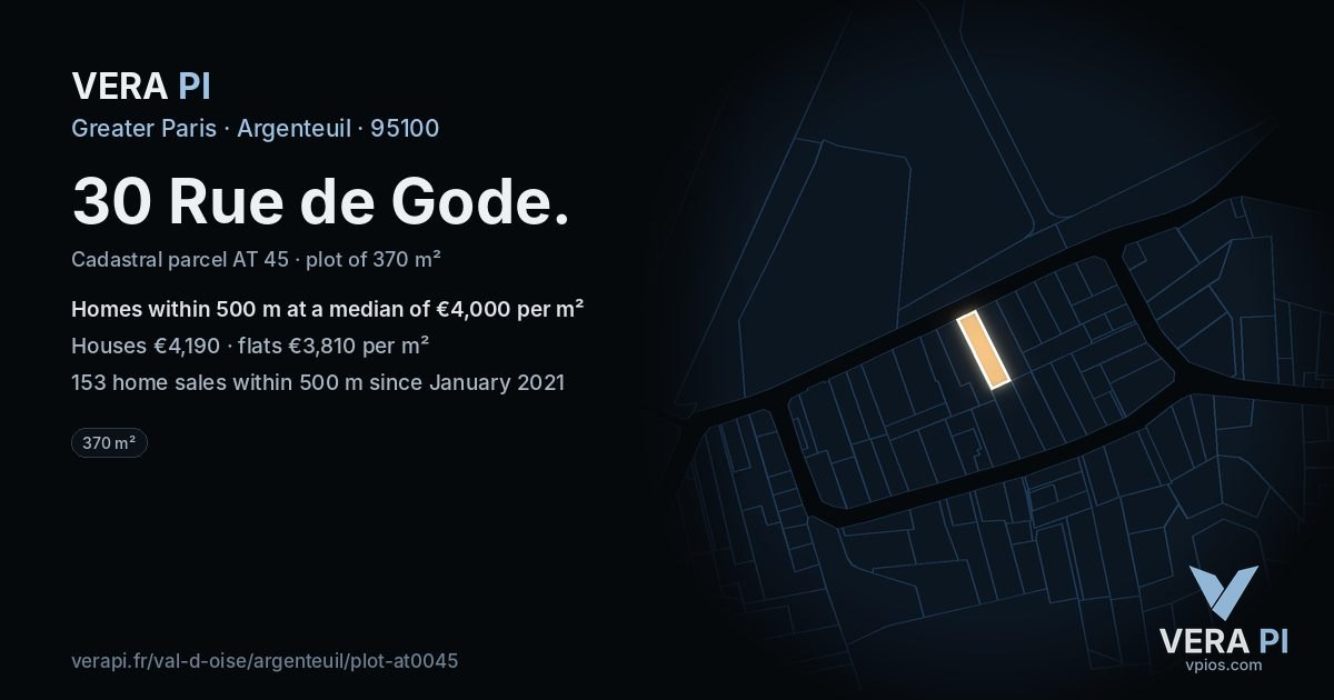 30 Rue de Gode, Argenteuil at night – the plot lit, the parcels around coloured by the prices near them