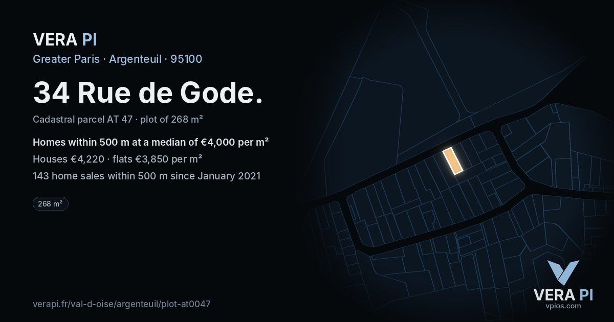 34 Rue de Gode, Argenteuil at night – the plot lit, the parcels around coloured by the prices near them