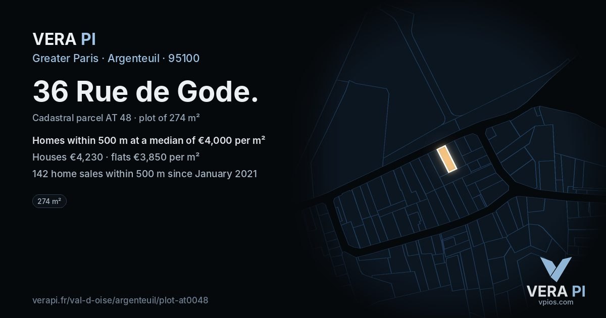 36 Rue de Gode, Argenteuil at night – the plot lit, the parcels around coloured by the prices near them