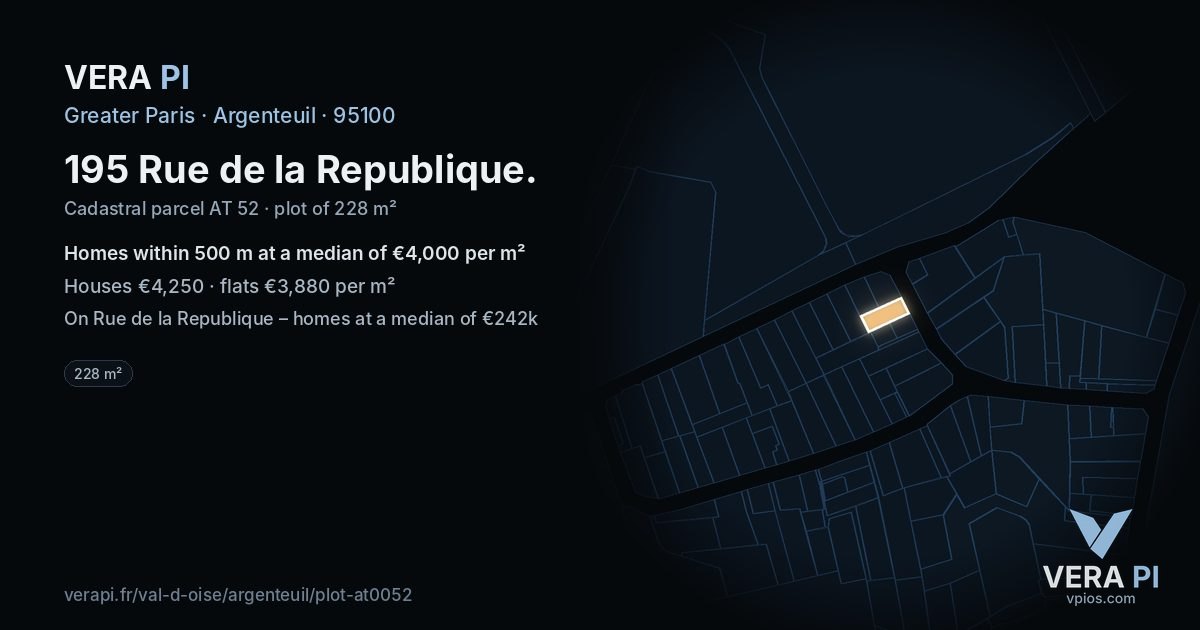 195 Rue de la Republique, Argenteuil at night – the plot lit, the parcels around coloured by the prices near them