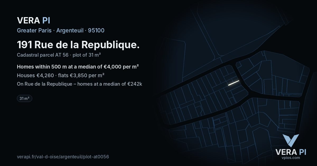 191 Rue de la Republique, Argenteuil at night – the plot lit, the parcels around coloured by the prices near them