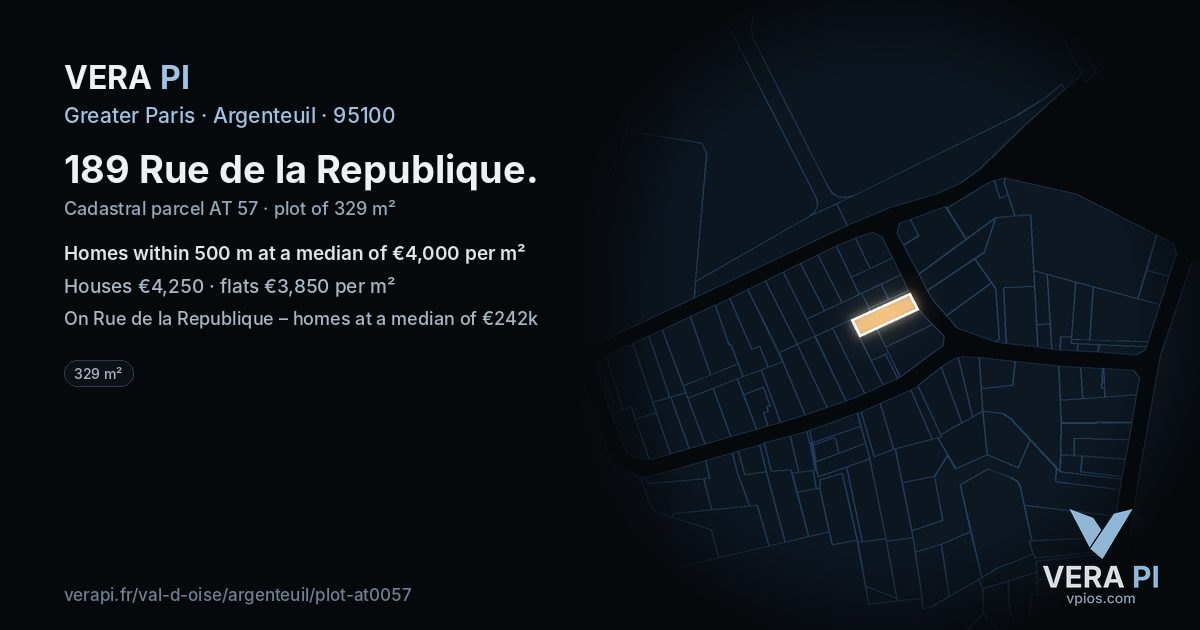 189 Rue de la Republique, Argenteuil at night – the plot lit, the parcels around coloured by the prices near them