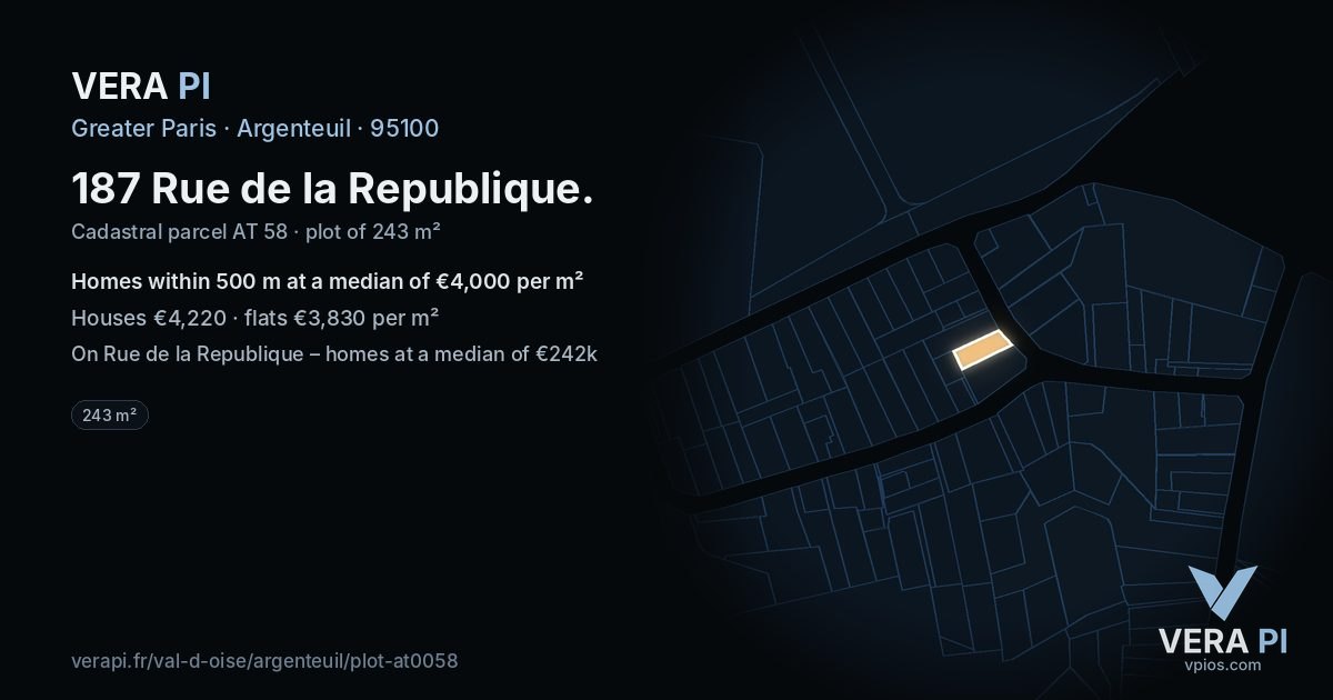 187 Rue de la Republique, Argenteuil at night – the plot lit, the parcels around coloured by the prices near them