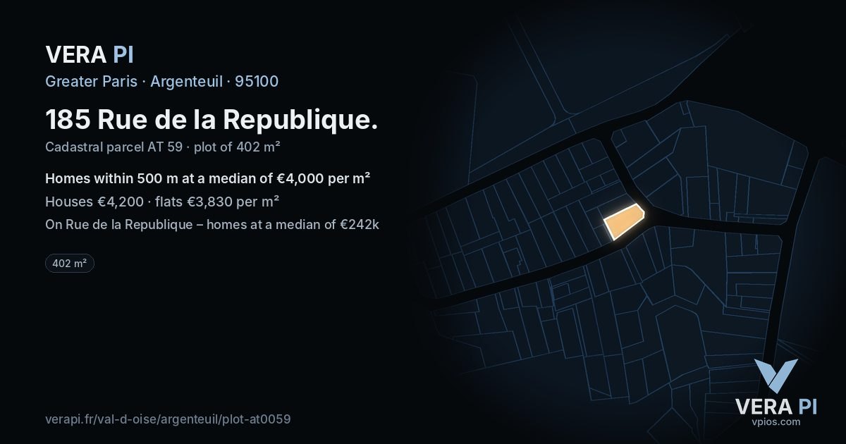 185 Rue de la Republique, Argenteuil at night – the plot lit, the parcels around coloured by the prices near them