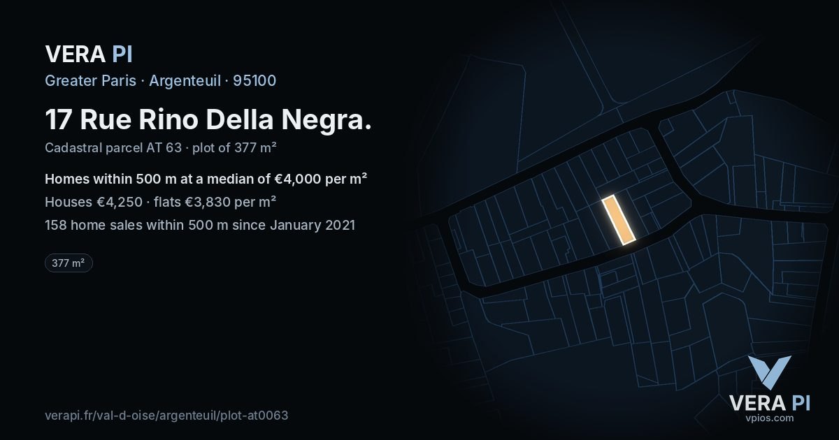 17 Rue Rino Della Negra, Argenteuil at night – the plot lit, the parcels around coloured by the prices near them