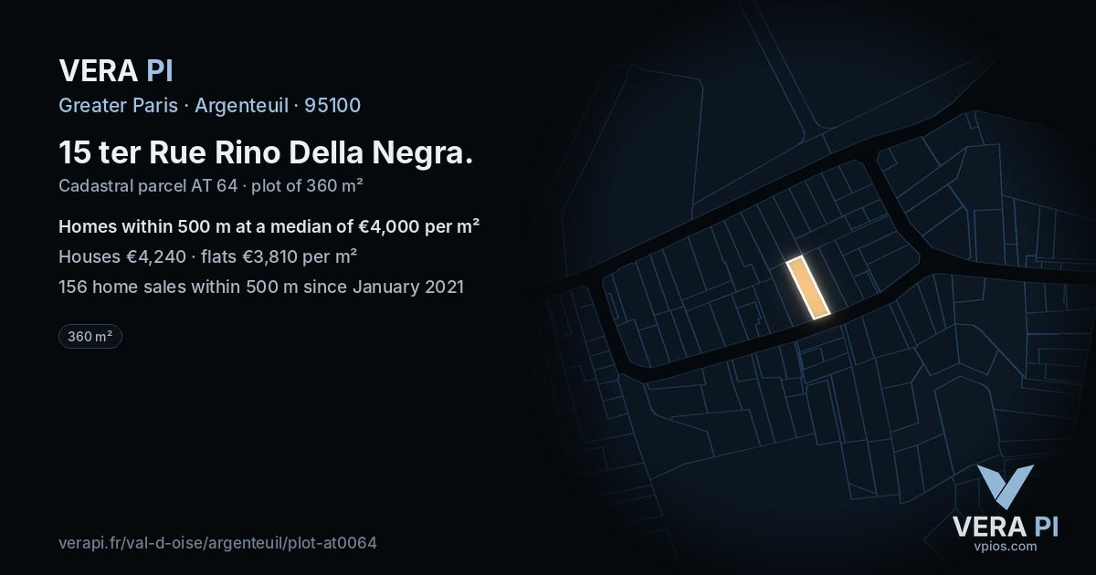 15 ter Rue Rino Della Negra, Argenteuil at night – the plot lit, the parcels around coloured by the prices near them