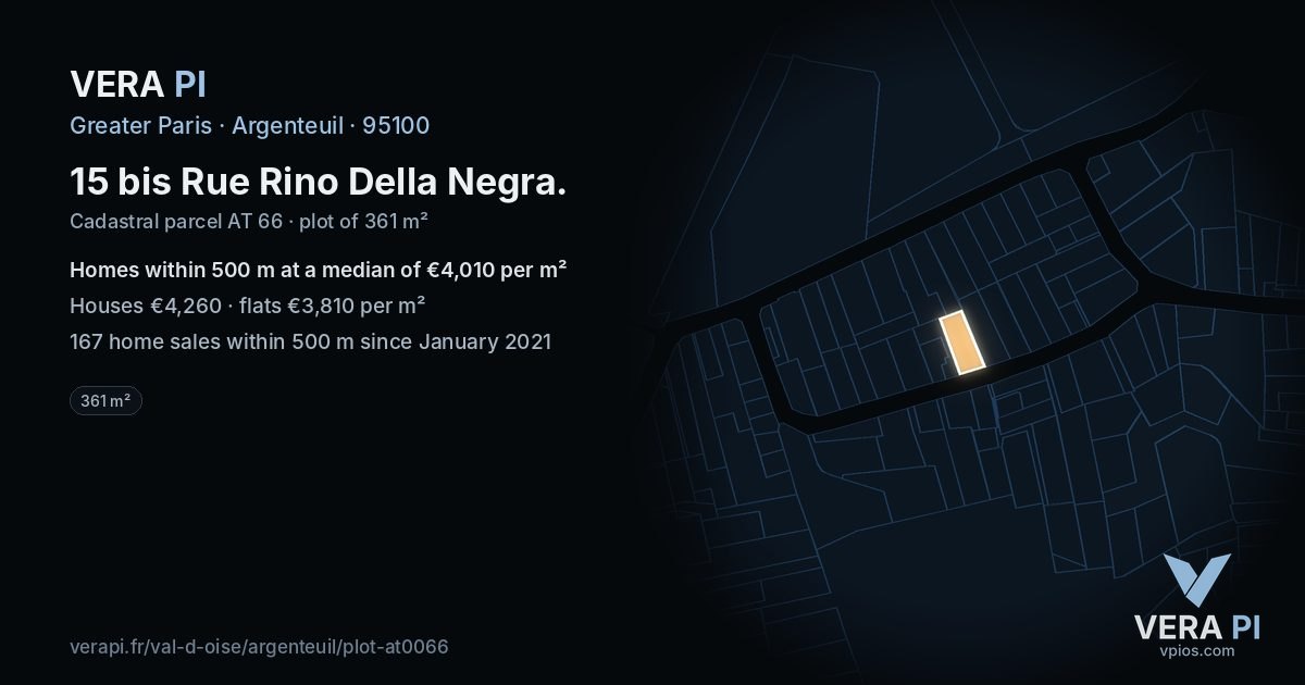 15 bis Rue Rino Della Negra, Argenteuil at night – the plot lit, the parcels around coloured by the prices near them
