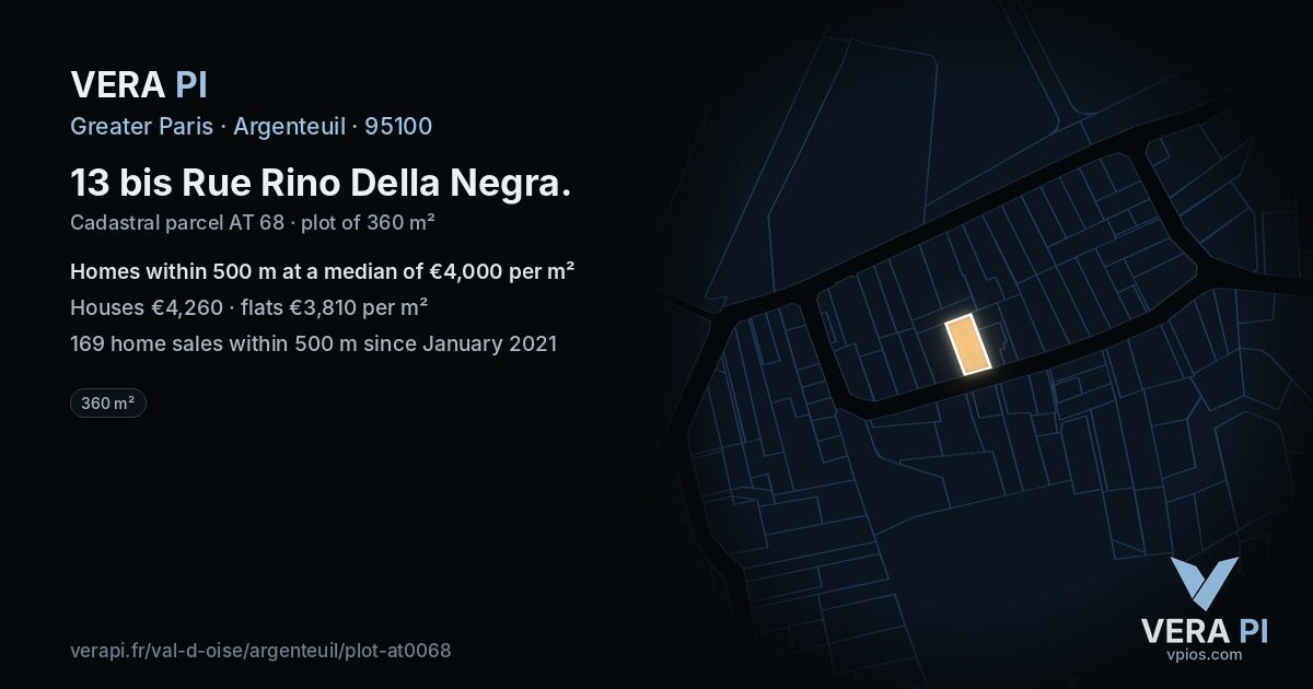 13 bis Rue Rino Della Negra, Argenteuil at night – the plot lit, the parcels around coloured by the prices near them