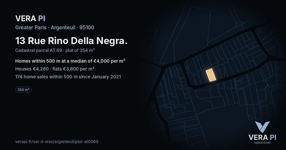 13 Rue Rino Della Negra, Argenteuil at night – the plot lit, the parcels around coloured by the prices near them
